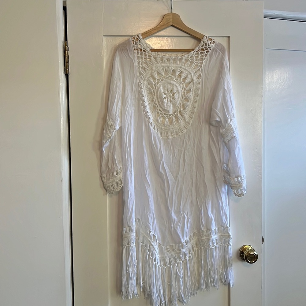 White beach fringe cover up